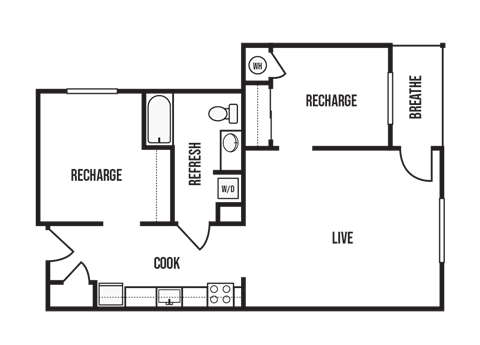 Floor plan for 2 beds, 1 bath, 905 sqft